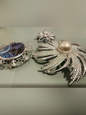 Vintage Silver Tone Brooch Lot of 3 | Signed Sarah Coventry, Abalone, Rhinestone